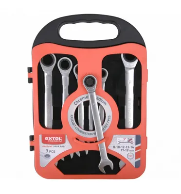 Produktbild von EXTOL 8816100 Knarrenschlüssel, Ratsche, 45 Zähne, Cr-V, 7-teiliger Satz, 8-19mm
