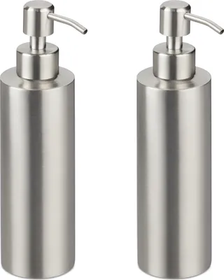 Obrázek produktu pro Relaxdays Dávkovač mýdla, 2 ks, 300 ml, nerezová ocel, s možností doplnění, mýdlo, sprchový gel, koupelna, kuchyně, dávkovač mýdla na ruce, stříbrný