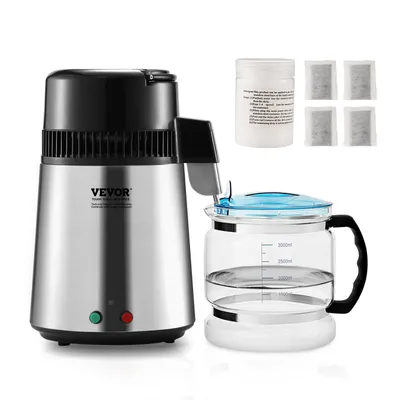 A water distiller and its accessories are displayed on a white background.
