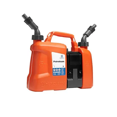 An orange and black Husqvarna combination fuel and oil canister with two spouts.