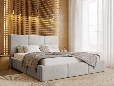 Obrázek produktu pro Čalouněná postel GRAINGOLD 200x200 cm Lincoln - polyesterová tkanina, postelový box, lamelový rošt - stylová manželská postel - světle šedá (Magic velvet 2218)