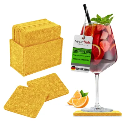 Produktbild von wortek Filz Untersetzer - Deko Tischset + Aufbewahrungsbox I für Gläser & Tisch, 10er Set I 10cm I Eckig, Gelb