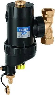 A black and brass water filter with a blue and white label.