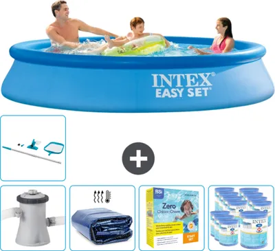 Produktbild von Intex runder aufblasbarer Easy Set-Schwimmpool – 305 x 61 cm – Blau – inklusive Pumpe Sonnensegel - Wartungspaket - Filter - Reinigungskit