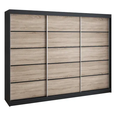 Produktbild von Schwebetürenschrank, 3-türig Schrank 200 cm mit 4 Schubladen, Retrostil  Premium! Moderne Garderobe für Kleidung. Verschiedene Farben (Weiß, Schwarz, Somona) Kleiderschrank MES