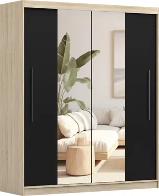 Produktbild von Schwebetürenschrank Kleiderschrank Schrank 204cm mit Spiegel Sonoma/Schwarz Torino