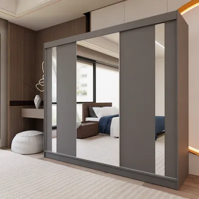 Kleiderschrank mit Spiegel und Schiebetüren – 240 cm 
Breite: 240 cm
Höhe: 216 cm 
Tiefe: 61 cm