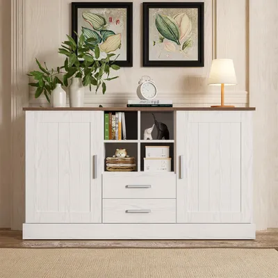 Produktbild von Sideboard 140x40x79,5 cm, weiße & braune Holzmaserung, mit 2 Türen & 2 Schubladen für Esszimmer oder Wohnzimmer, Weiß/Braun