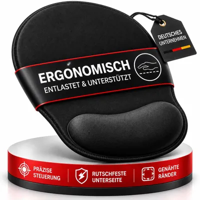 Image de wortek Tapis de souris avec coussin de gel en mousse à mémoire de forme - 23x26cm - Tapis de souris ergonomique avec repose-poignets - bords cousus - Tapis de souris avec repose-poignets pour une position douce - Noir