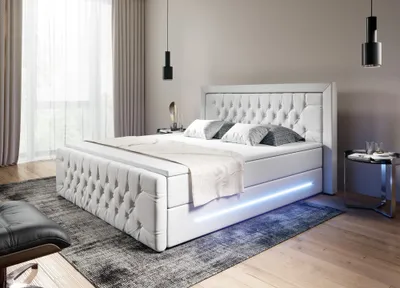 Produktbild von Moebelfest Boxspringbett 180x200 cm mit Blau LED-Beleuchtung: Polsterbett mit 2 Bettkästen, 2 Taschenfederkernmatratzen 7 Zonen, Topper sowie Kopf- und Fußteil (Manchester in Weiß)