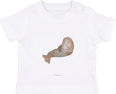 Produktbild von Mr. & Mrs. Panda  T-Shirt Robbe Lachen 6. - 12. Monat - Weiß - Geschenk, Baby Top, Lustige Sprüche, Seehund, Ostsee, Kinder, Oberteil, Strand, Meerestier, Babyshirt