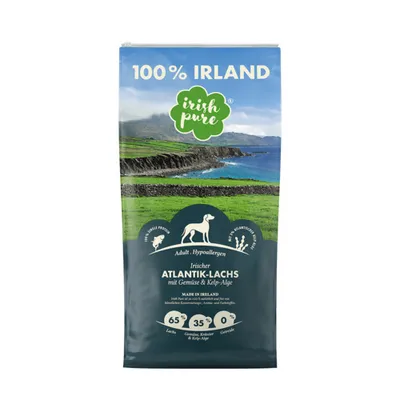 A bag of dog food with a scenic Irish landscape on the front.