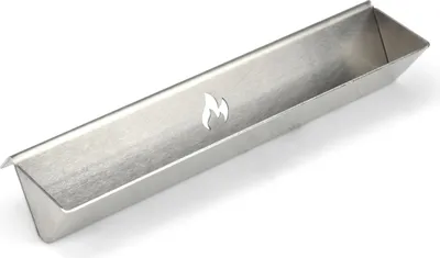 A stainless steel smoker box with a flame logo cut out of it, shown on a white background.