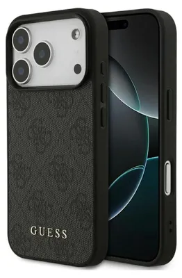 A black phone case with a textured pattern and the GUESS logo is shown on a light gray background.