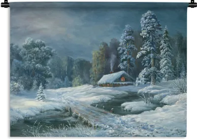Produktbild von MuchoWow® Wandteppich Wandbehang Winter - Haus - Wald 60x45 cm Tapisserie Dekoration Wandtuch - Das Schlafzimmer