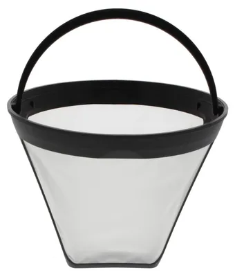 A cone-shaped coffee filter with a black handle and rim, set against a white background.