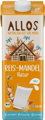 Produktbild von Allos Drink Reis-Mandel ungesüßt 1l, Reisdrink, 1000 ml, Wasser, Reis* (17%), europäische MANDELN* (3%), kaltgepresstes Sonnenblumenöl*, Meersalz...., 81 kcal, 341 kJ, 2,6 g