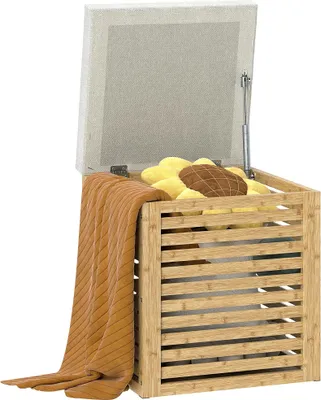 Obrázek produktu pro Stolička s úložným prostorem - Otoman/stolička - Objem 54,7 l - Odnímatelné víko - Bambusový rám - Syntetická lněná tkanina - Rozměry 40 × 40 × 47 cm - Šedá a přírodní barva