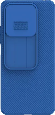 A blue phone case with a sliding camera cover.