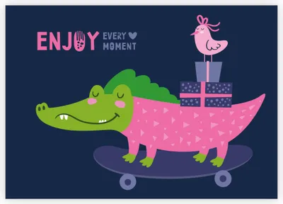 Produktbild von 4x Fröhliche Motto Karte mit Geschenk auslieferndem Krokodil auf Skateboard