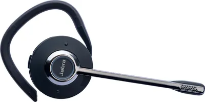 A black Jabra Engage headset with a silver microphone boom is shown against a white background.