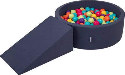 Obrázok produktu pre KiddyMoon Mäkké penové ihrisko pre deti s guľatým loptičkovým ihriskom (100 ∅ 7 cm) s mäkkými prekážkami a loptičkovým bazénom,  vyrobené v EÚ, Tmavomodrá:HelZelená/Žltá/Türkis/Orange/DRu
