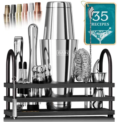 Cocktailset 14-tlg. mit Boston Shaker 800 ml, Bambus-Ständer, 35 Rezeptkarten