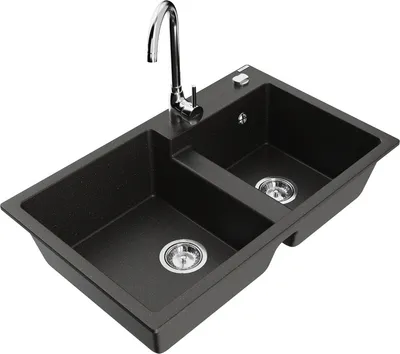 Produktbild von Mexen Tomas 2-Becken-Granitspüle mit Mischbatterie Telma, Schwarz/Gold metallisch - 6516-75-670200-00