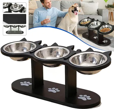 Produktbild von Katzennapf Erhöht, Futterstation Katzen mit 3 Edelstahl Schüsseln und Holzständer, für Katzen und Kleine Hunde, Anti-Erbrechen-Design