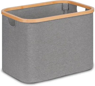 Image de Panier à linge pliable 50 l, gris, avec poignée en bambou