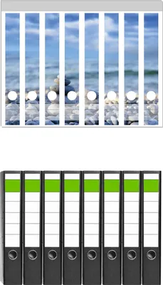 Produktbild von Wallario 8 Stück schmale Ordner inkl. Klebeetiketten mit Motive Steinstapel am Strand -  Set mit Rückenschildern / Ordnerrücken Stickern