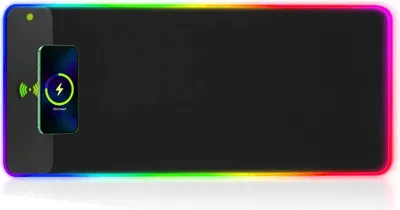 Produktbild von RGB-Gaming-Mauspad mit 15W Qi-Schnellladung, 17 Beleuchtungsmodi, wasserdicht, rutschfest, für iPhone, Kopfhörer, Gaming, Büro und Computer