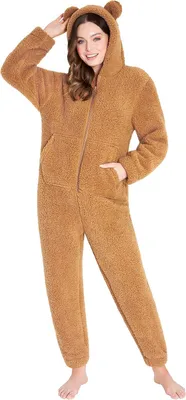Productafbeelding van Dames onesie van teddyfleece met capuchon, kangoeroezak en rits, maten S t/m XL