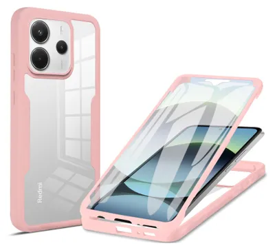 A pink and transparent phone case is shown from two angles. One angle shows the back of the case with the camera cutout, and the other shows the case with a phone inside, demonstrating its protective qualities.