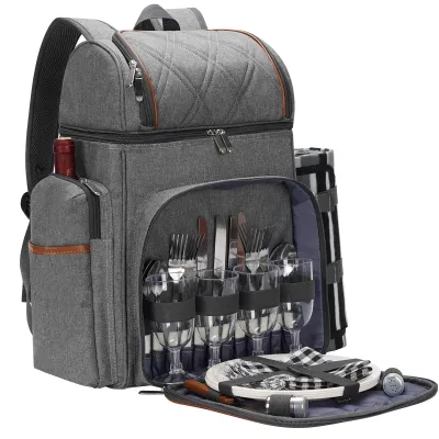 Produktbild von Picknickrucksack für 4 Personen, isolierte Kühlweintasche, inklusive Picknickdecke, grau