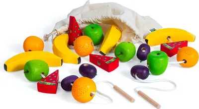 Produktbild von Erzi Lernspiel Fädelfrüchte aus Holz, 20 bunte Fädelfrüchte & 2 Fädelnadeln