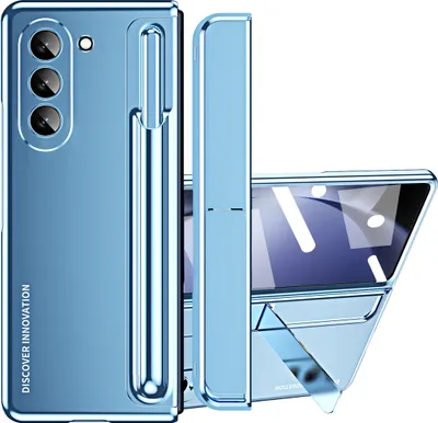 A blue phone case is shown from multiple angles, including a side view and a folded view.