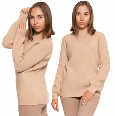 Zdjęcie produktu dla Beżowy damski sweter - luźny, dzianinowy sweter, rozmiar M - modny damski sweter w kolorze beżowym - sweter z półgolfem