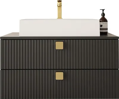 Produktbild von MIRJAN24 Waschbeckenschrank Gariano 01 mit Siphon, Keramik Waschbecken, Griffe aus Metall in der Farbe Gold (Farbe: Schwarz)