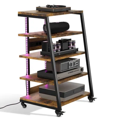Produktbild von 5-stufiger HiFi Rack 60x52x78 cm mit Rädern, Plattenspieler Tisch Schrank mit Steckdosenleisten, LED, Verstellbaren Ablage Holz Medienständer Regal