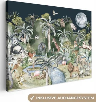 Produktbild von MuchoWow® - Leinwandbilder - Kinder - Dschungel - Natur - Tiere - Pflanzen, Wandbild, Wanddeko Bilder Wohnzimmer, 80x60 cm