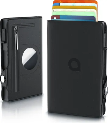 Immagine prodotto di Portacarte Aplic RFID in pelle e alluminio, porta carte di credito con 8 scomparti per carte, portafoglio, meccanismo di scorrimento, tasca per monete, protezione RFID, scomparto AirTag