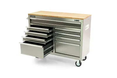 Produktbild von 117 cm Verrijdbare Werkbank mit Holzwerkplatte - Chrom