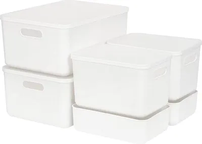 Produktbild von Unyqoos® Aufbewahrungsboxen 6er-Set – Kunststoff (BPA‑frei) mit 4 weißen Deckeln, 2×L 36,5×26×16,5 cm, 2×M 26×18×16 cm, 2×S 26×18×8 cm (S ohne Griff), stapelbar