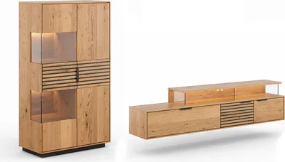 Produktbild von Wohnwand Tirano Wohnzimmer-Set Massivholz geölt Ausführung wählbar,Vitrine, Lowboard,Eiche Natur / Absetzung Lamellen