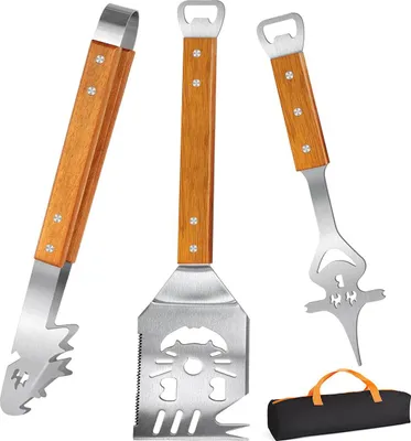 Produktbild von 3-teiliges BBQ Grillbesteck Set, Edelstahl & Holzgriff, lange Griffe 38–42 cm, spülmaschinengeeignet, Aufbewahrungstasche, Grillzange, Gabel & Spatel