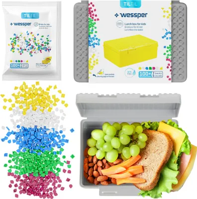 Immagine prodotto di Wessper Contenitore per il pranzo dei bambini TIL TIL, 1,27 L + 100 mattoncini – Grigio, senza BPA, contenitore per la colazione per scuola, asilo e tempo libero