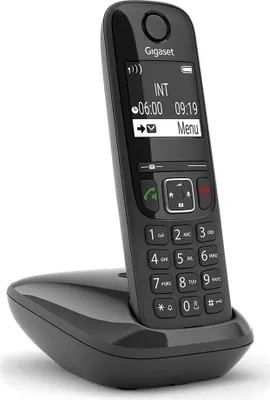 Produktbild von Gigaset AS690, Analoges/DECT-Telefon, Kabelloses Mobilteil, Freisprecheinrichtung, 100 Eintragungen, Anrufer-Identifikation, Schwarz