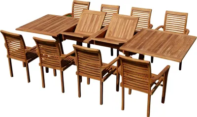 Produktbild von ALEOS. Teak Gartengarnitur Gartenset Sitzgruppe Ausziehtisch Tobago 200-250-300x100 cm mit 8 Stapelsessel Alpen aus Teakholz Gartenmöbelset Esstischgruppe Sessel stapelbar
