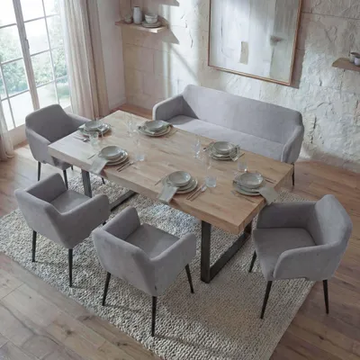 Immagine prodotto di Set per sala da pranzo HWC-L13, set di 4 sedie + panca Set per sala da pranzo Set per sala da pranzo, tessuto/tessuto ~ grigio